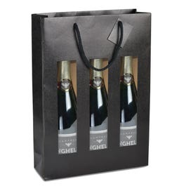 Tasche für 3 Flaschen schwarz mit Fenstern und Kordelgriffen 27+9x38cm 10 Stück Tasche für 3 Flaschen schwarz mit Fenstern und Kordelgriffen 27+9x38cm 10 Stück