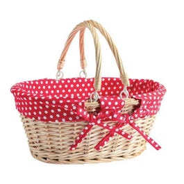 Rechteckiger Korb mit Griffen und rotem Stoff mit weißen Punkten 35x29x30cm Rechteckiger Korb mit Griffen und rotem Stoff mit weißen Punkten 35x29x30cm